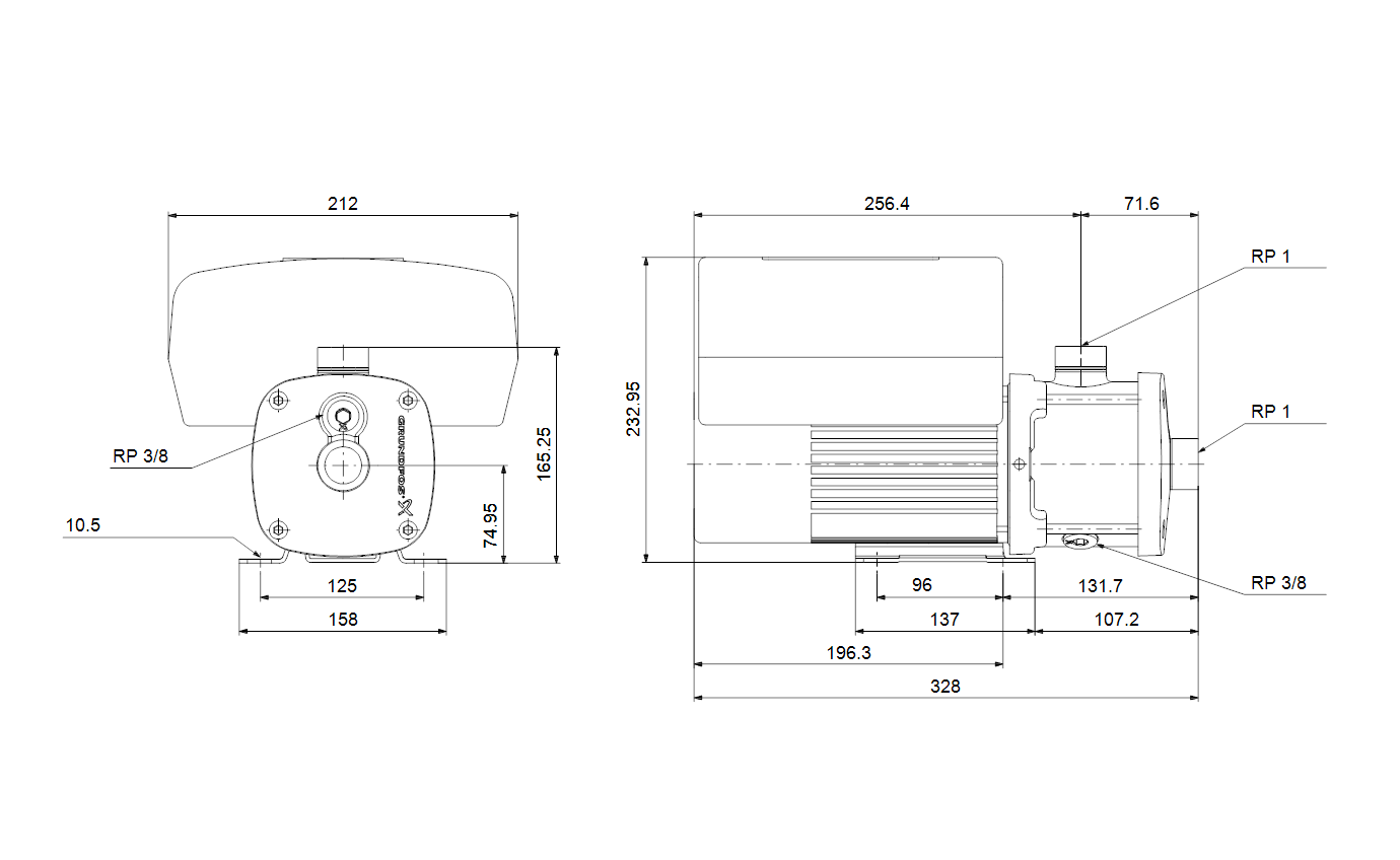 Габаритный чертёж центробежного насоса Grundfos CME1-3 A-R-G-E-AQQE U-A-D-N 98394758