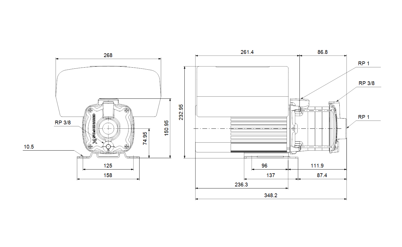 Габаритный чертёж центробежного насоса Grundfos CME3-2 A-R-A-E-AVBE S-A-D-N 98394871