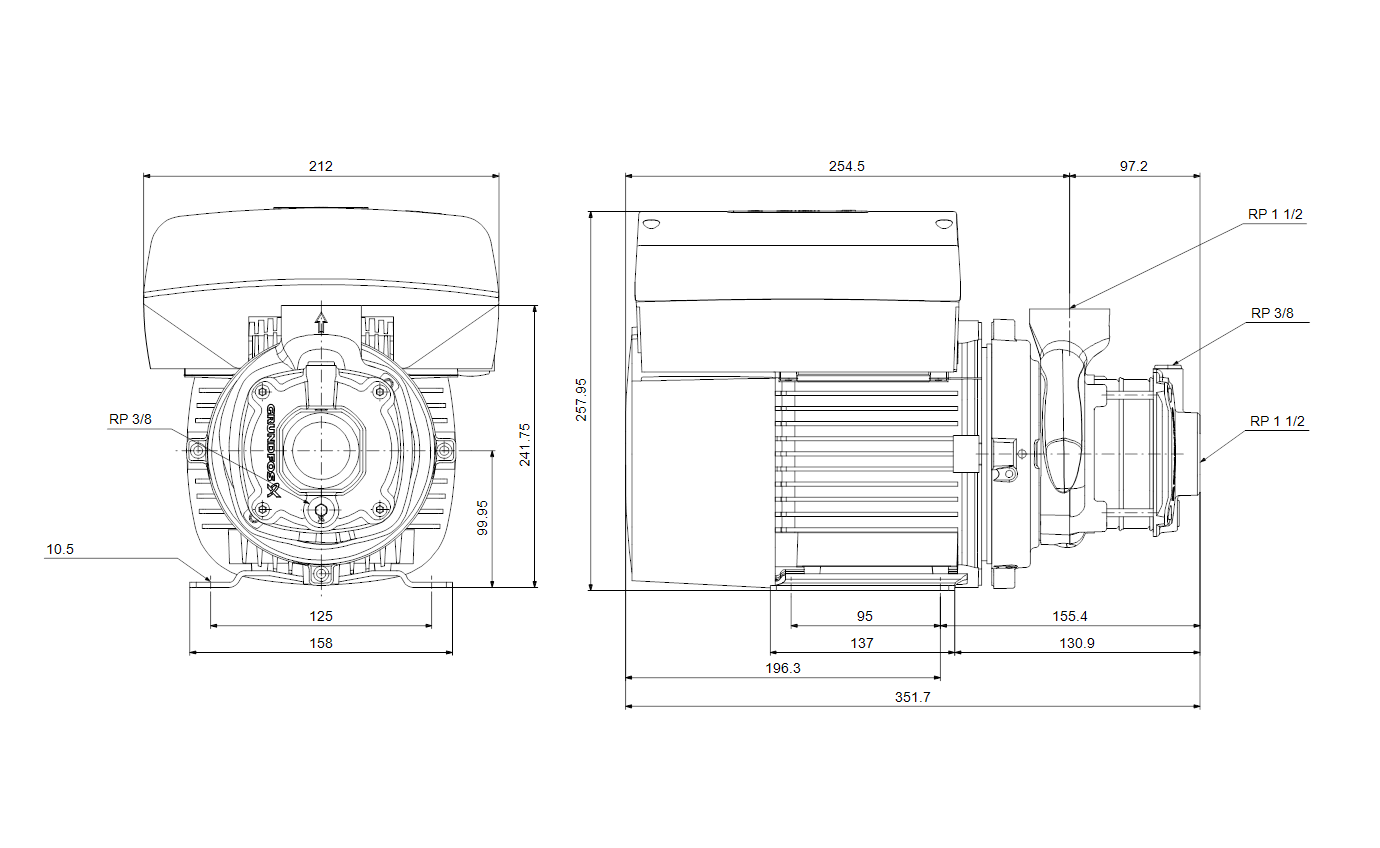 Габаритный чертёж Центробежный насос Grundfos CME10-1 A-R-A-E-AQQE U-A-D-N 98394928