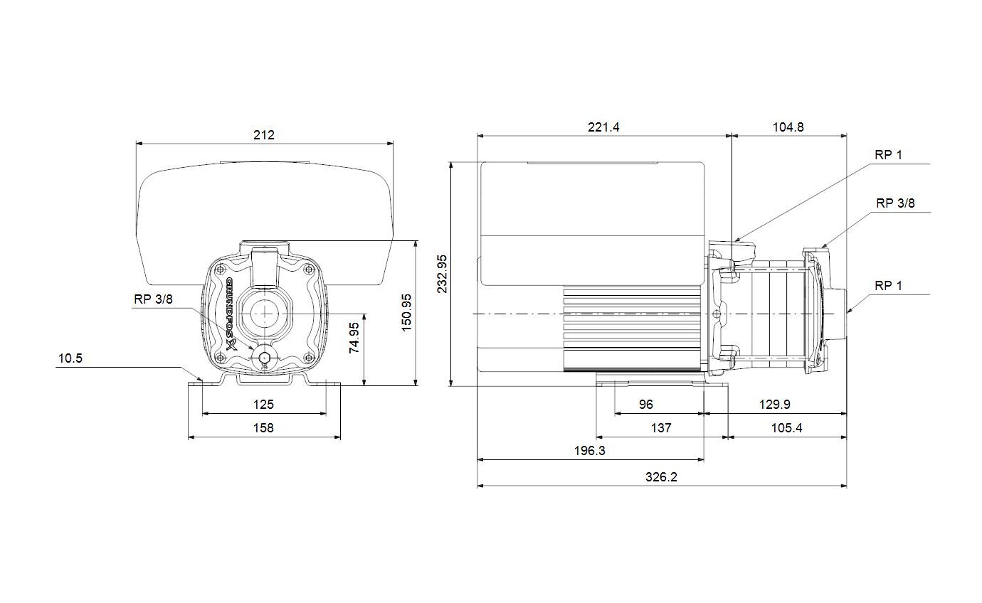 Габаритный чертёж центробежного насоса Grundfos CME3-3 A-R-A-V-AQQV U-A-D-N 98394977