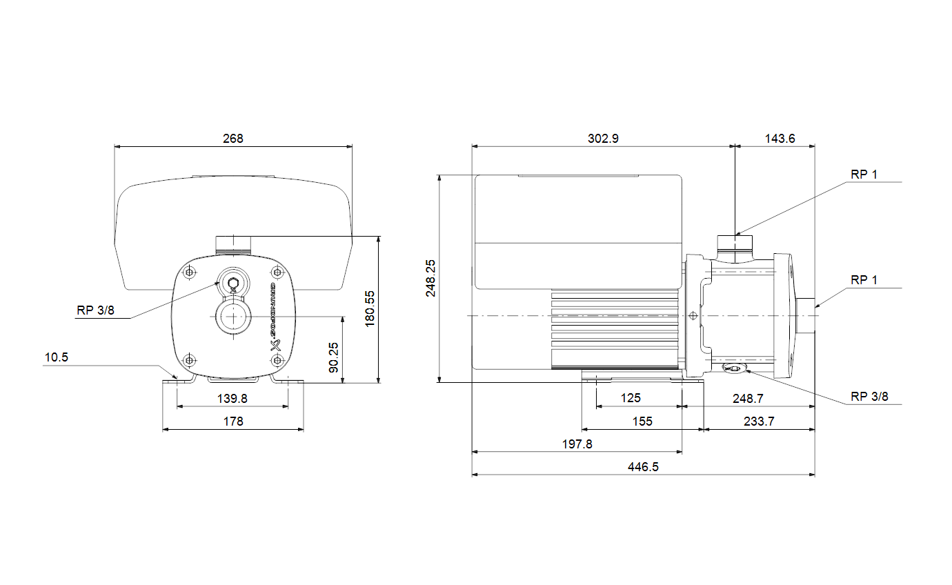 Габаритный чертёж центробежного насоса Grundfos CME3-6 A-R-G-E-AVBE S-A-D-N 98395355