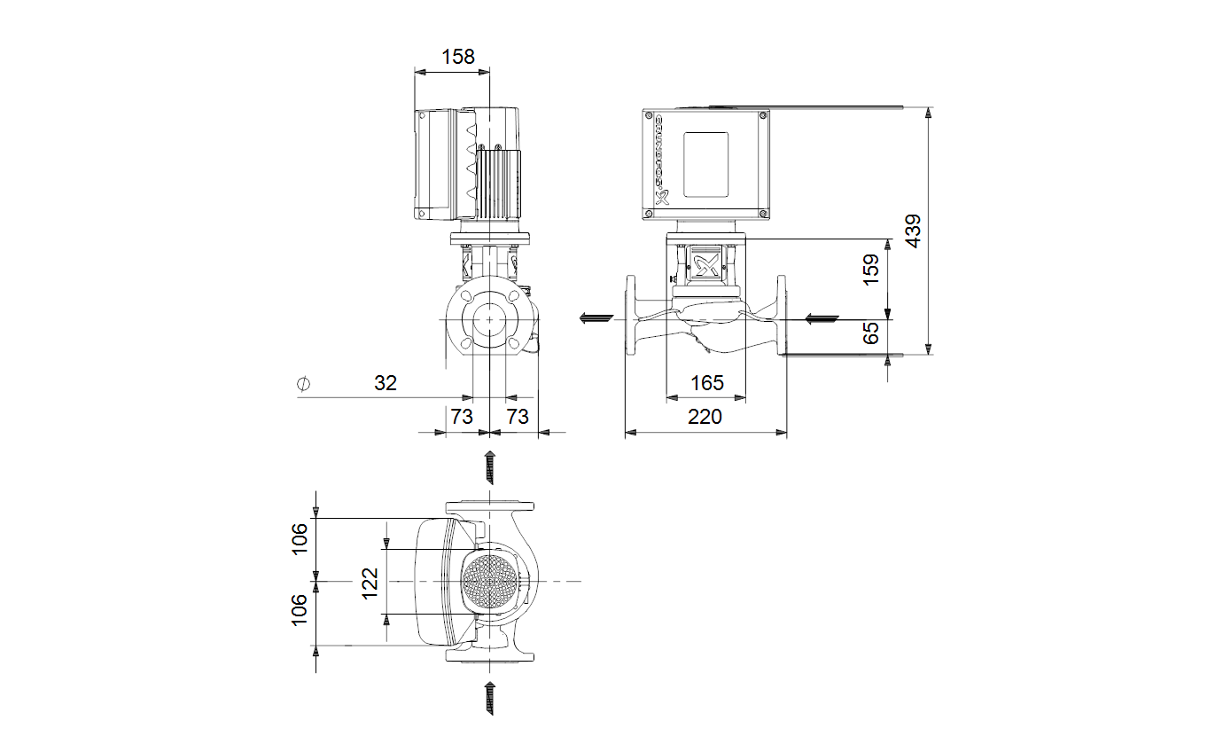 Габаритный чертёж центробежного насоса Grundfos TPE2 32-200 N-A-F-I-BQQE-FAC 98416280