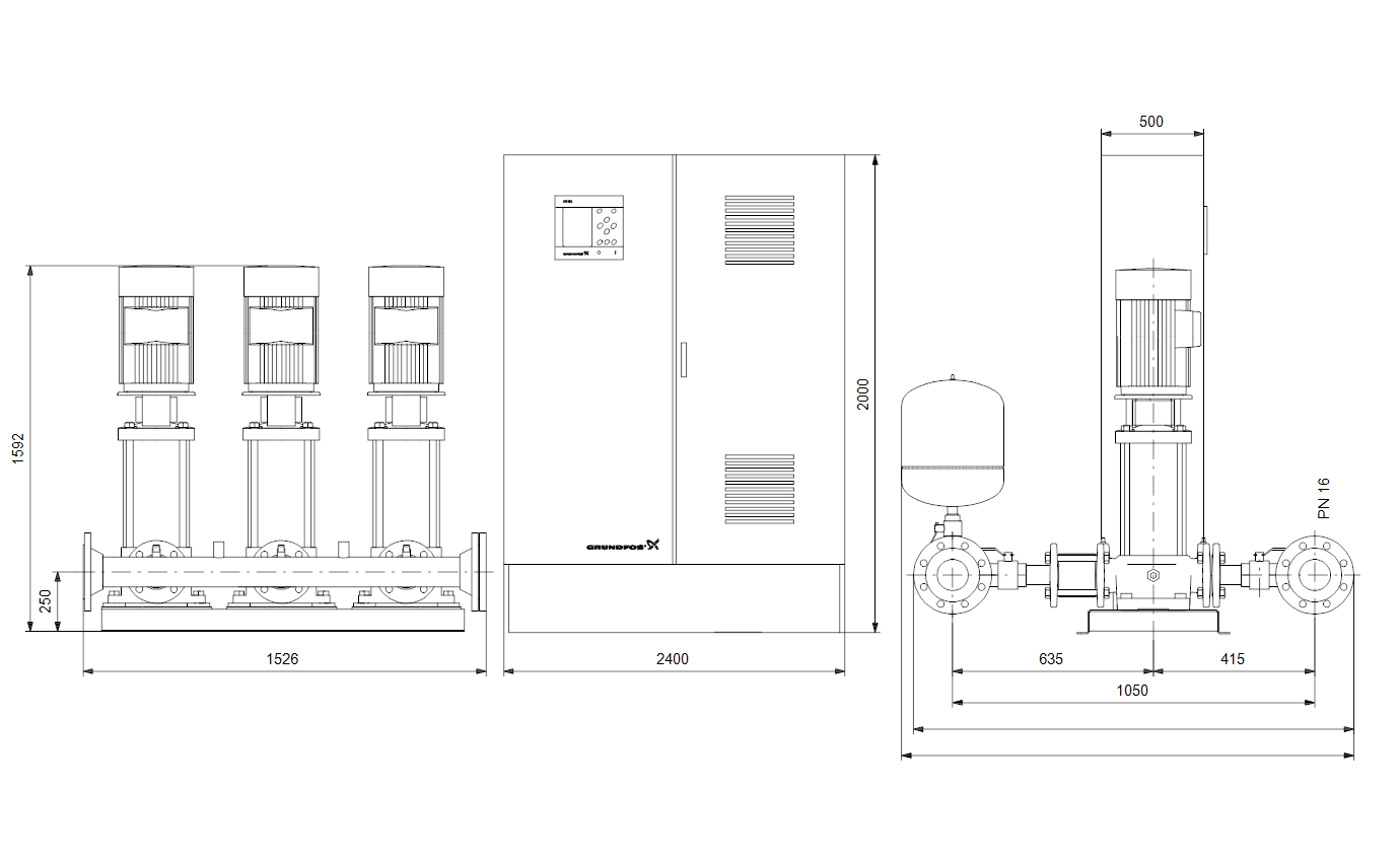 Габаритный чертёж Установка повышения давления Grundfos Hydro MPC-E 3 CR64-3 U2 C-A-A-GHV 98439546