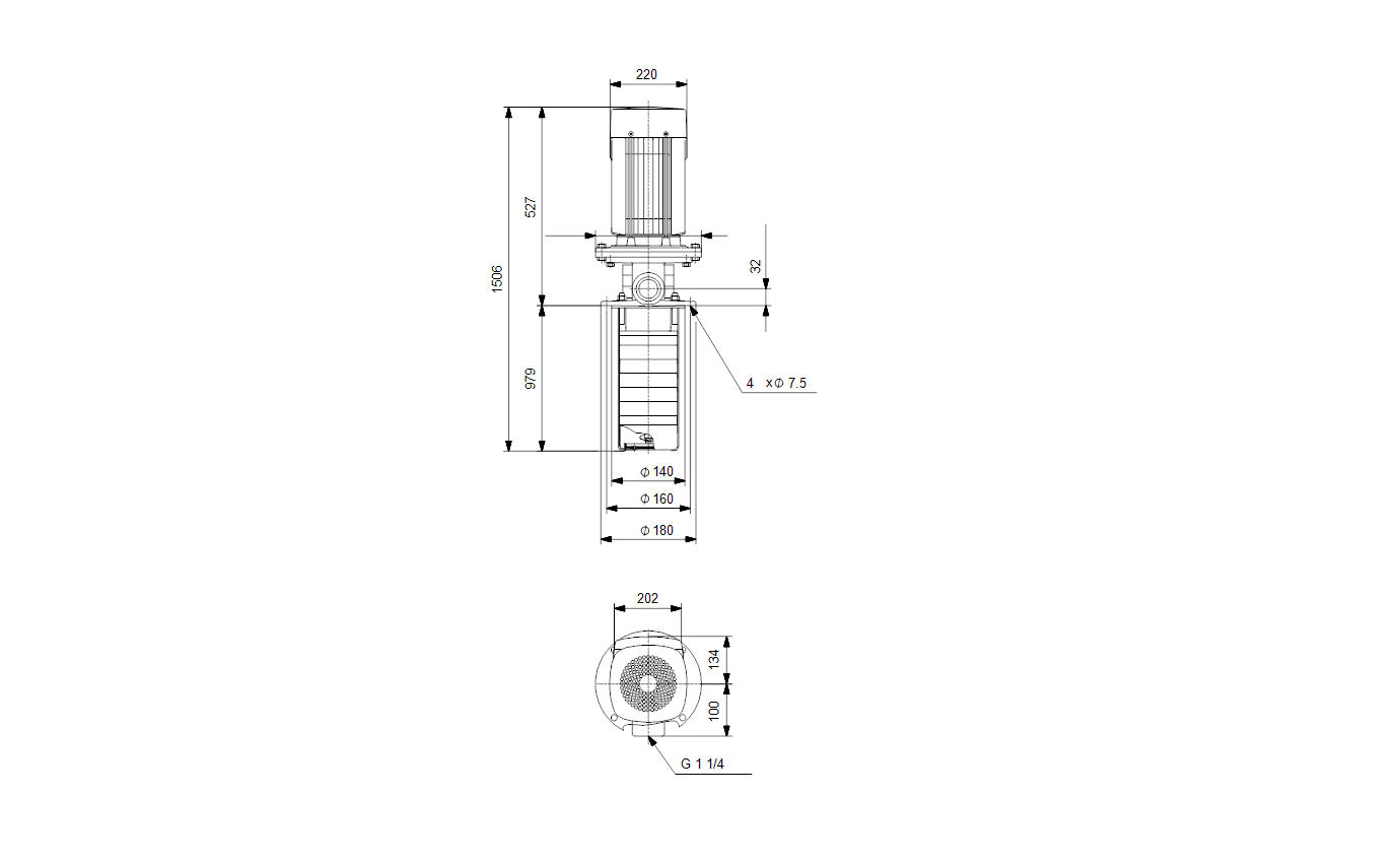Габаритный чертёж центробежного полупогружного насоса Grundfos MTR5-32/32 A-W-A-HUUV 3x400D 50Hz 98513579