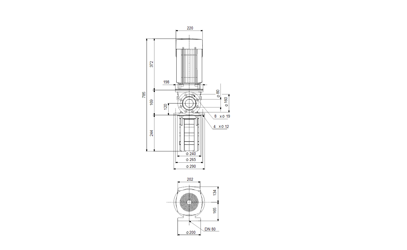 Габаритный чертёж центробежного полупогружного насоса Grundfos MTR45-2/1 A-F-A-HUUV 3x400D 50Hz 98513688