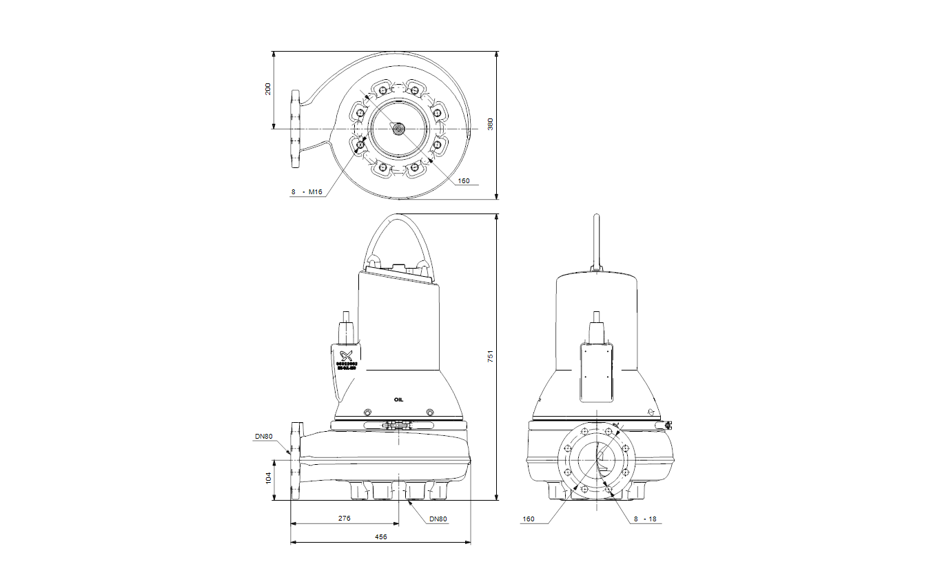 Габаритный чертёж канализационного насоса Grundfos SLV.80.80.75.A.EX.2.50D.C 98626420