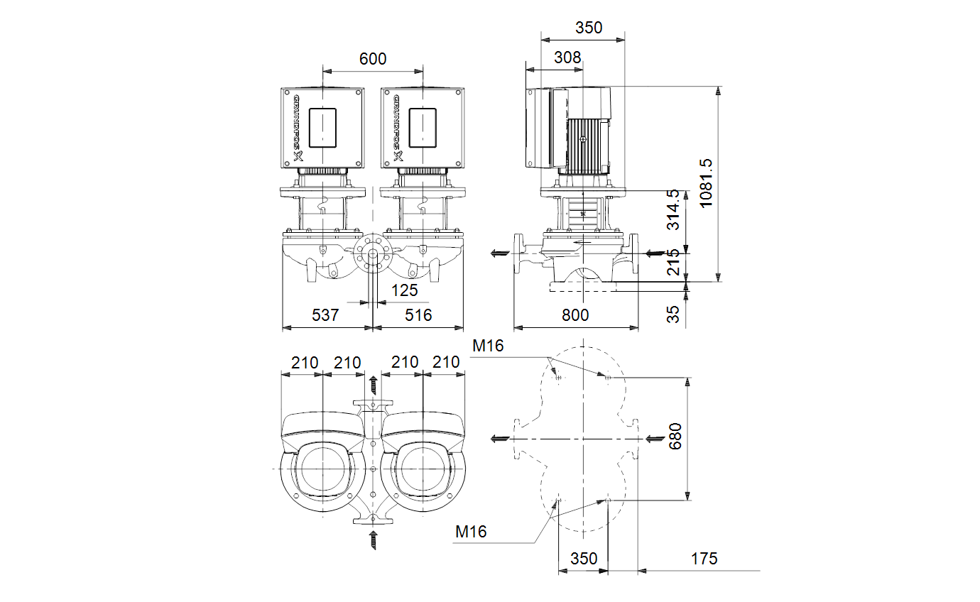 Габаритный чертёж Центробежный насос Grundfos TPED 125-300/4 A-F-A-BAQE-PX3 98742616