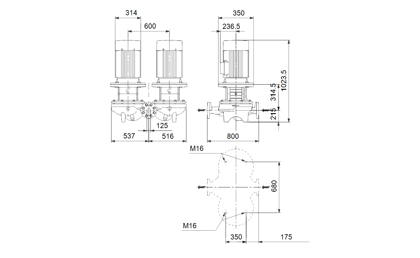 Габаритный чертёж Центробежный насос Grundfos TPD 125-160/6 A-F-B-BAQE-MX5 98742643