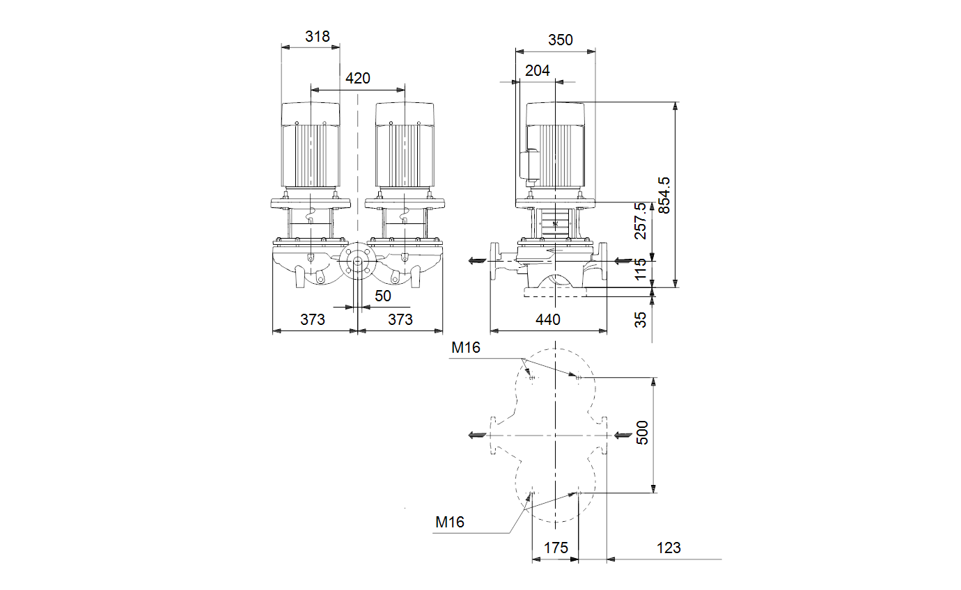 Габаритный чертёж центробежного насоса Grundfos TPD 50-630/2-A-F-B-BQQE 400D 50HZ 98742794