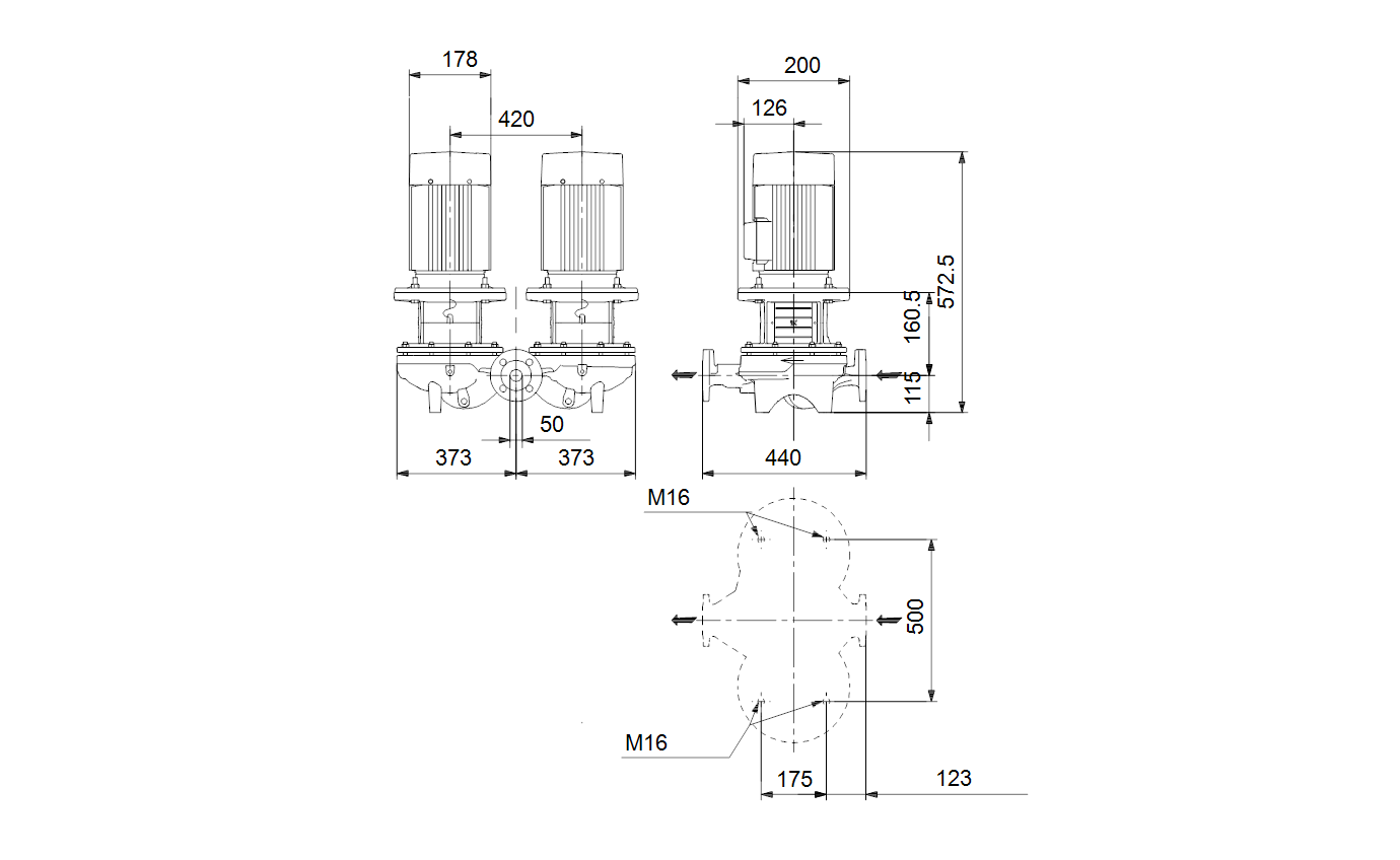 Габаритный чертёж центробежного насоса Grundfos TPD 50-120/4-A-F-B-BQQE 400Y 50HZ 98742951