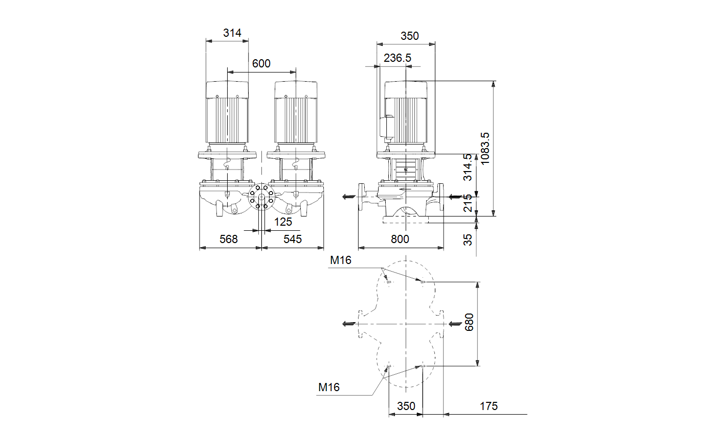 Габаритный чертёж центробежного насоса Grundfos TPD 125-230/4-A-F-B-BQQE 400D 50HZ 98743703