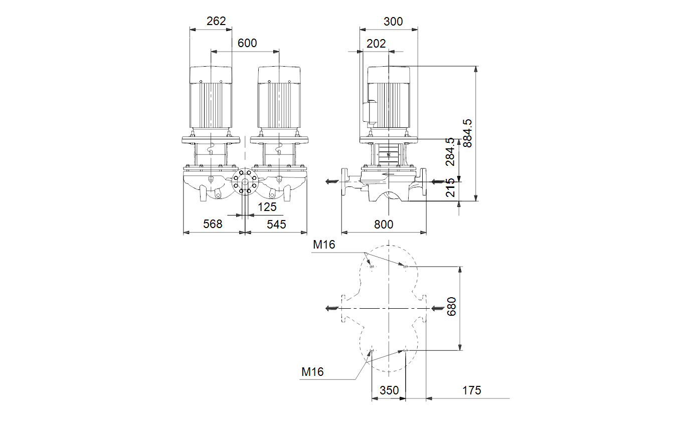 Габаритный чертёж центробежного насоса Grundfos TPD 125-80/6-A-F-B-BQQE 400D 50HZ 98743811