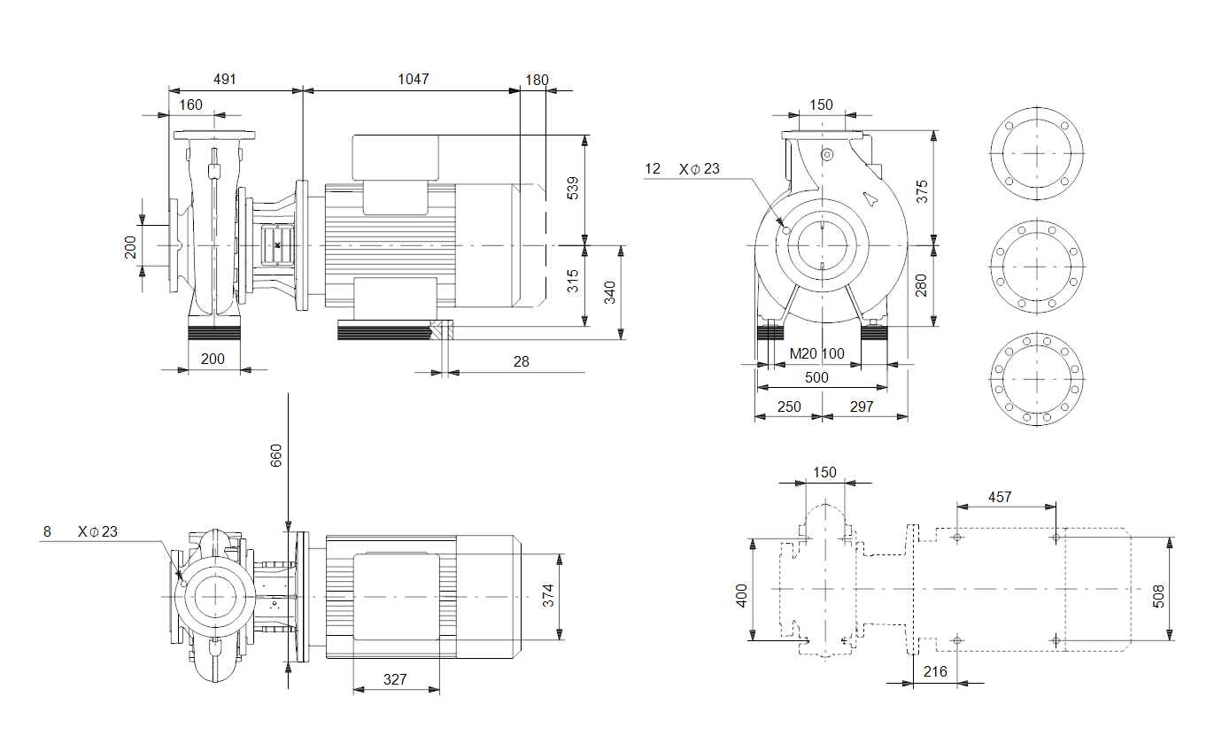 Габаритный чертёж консольно-моноблочного насоса Grundfos NBG200-150-250/226-220 EUP AS-F-A-BAQE 98744053