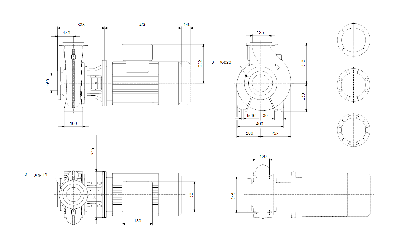 Габаритный чертёж консольно-моноблочного насоса Grundfos NBG150-125-200/176-154 EUP A-F-A-BAQE 98744180