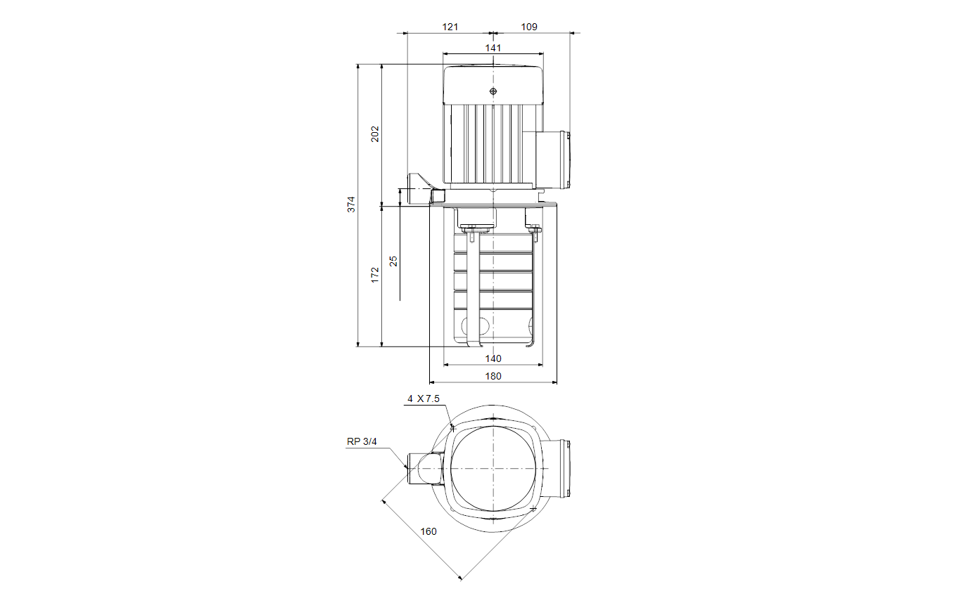Габаритный чертёж центробежного полупогружного насоса Grundfos MTH8-2/1 A-W-A-AQQV 3x230/400V 50/60Hz 98891474