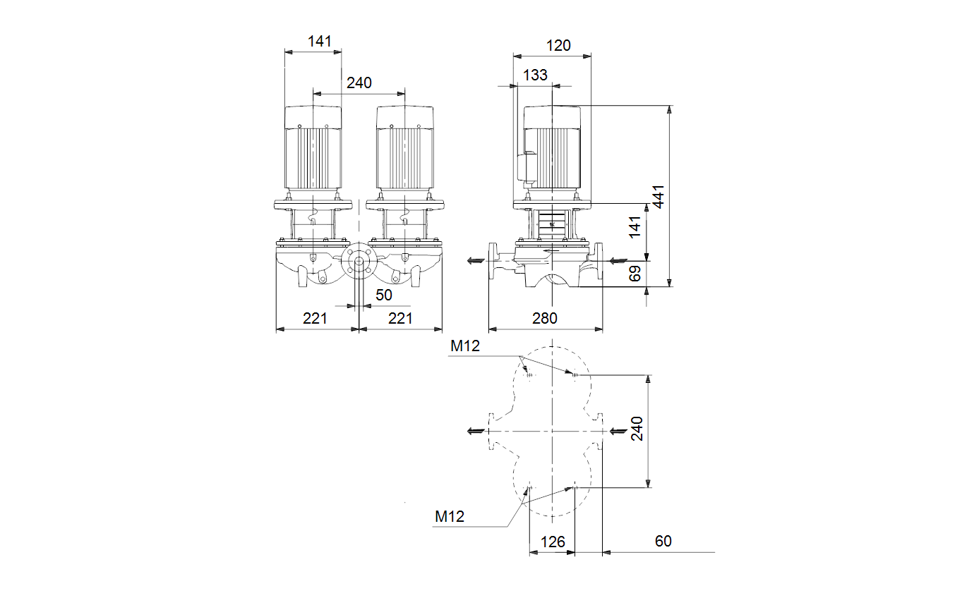 Габаритный чертёж центробежного насоса Grundfos TPD 50-120/2-A-F-A-BQQE 1X230 50HZ 98957981
