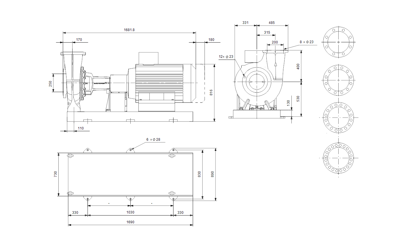 Габаритный чертёж центробежного консольного насоса Grundfos NK200-400/308A1F1AE-SBQQE 98971840