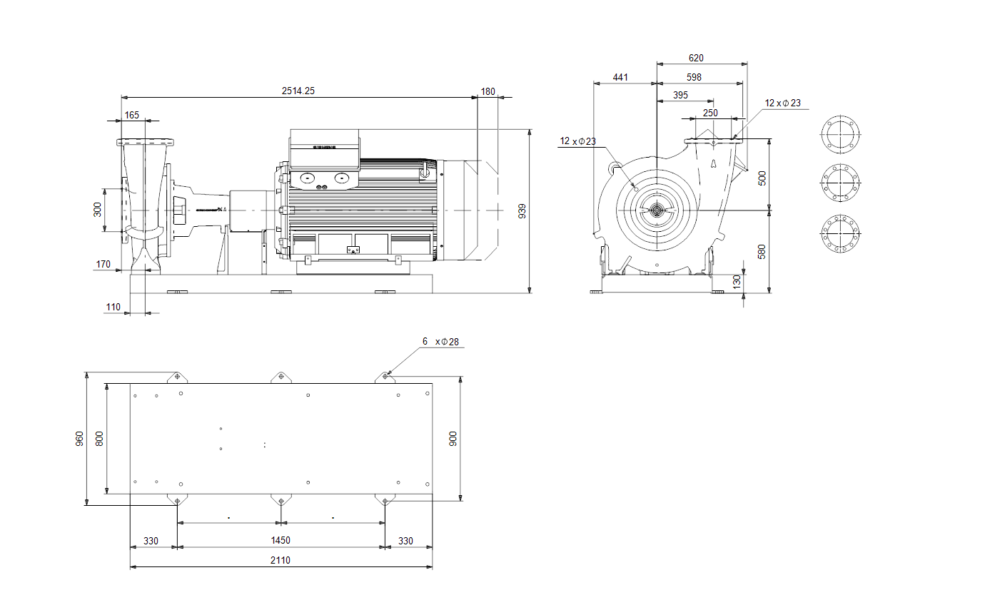 Габаритный чертёж центробежного консольного насоса Grundfos NK250-500/453A1F1AE-SBQQE 98971980