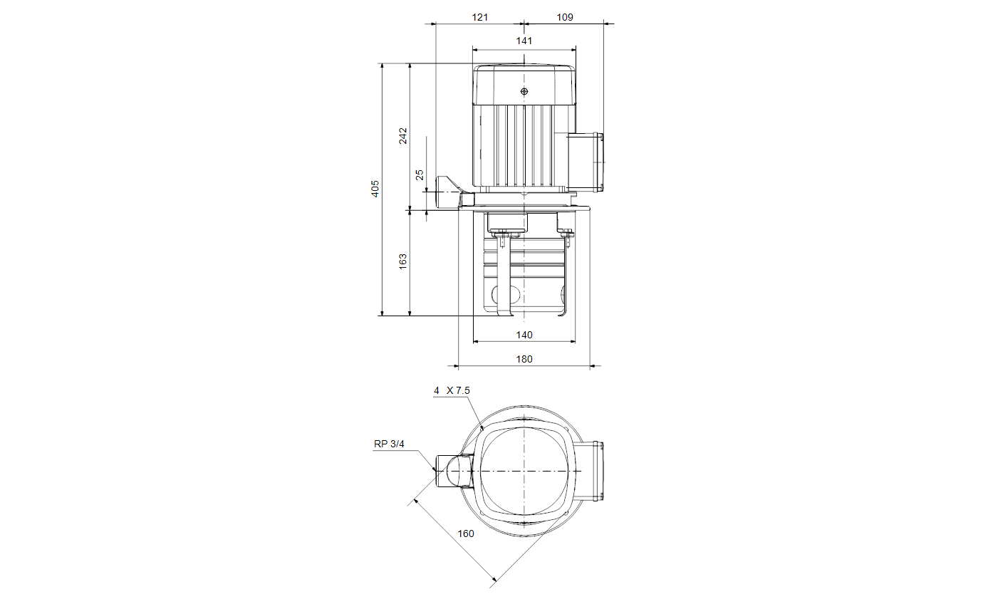 Габаритный чертёж центробежного полупогружного насоса Grundfos MTH2-4/4 A-W-I-AQQV 3x230/400V 50/60Hz 98992745