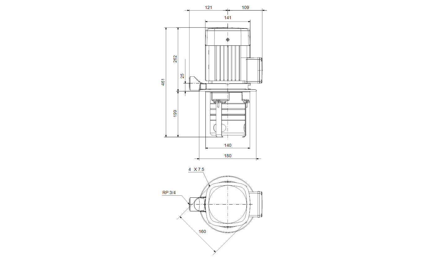 Габаритный чертёж центробежного полупогружного насоса Grundfos MTH2-6/6 A-W-I-AQQV 3x230/400V 50/60Hz 98992760