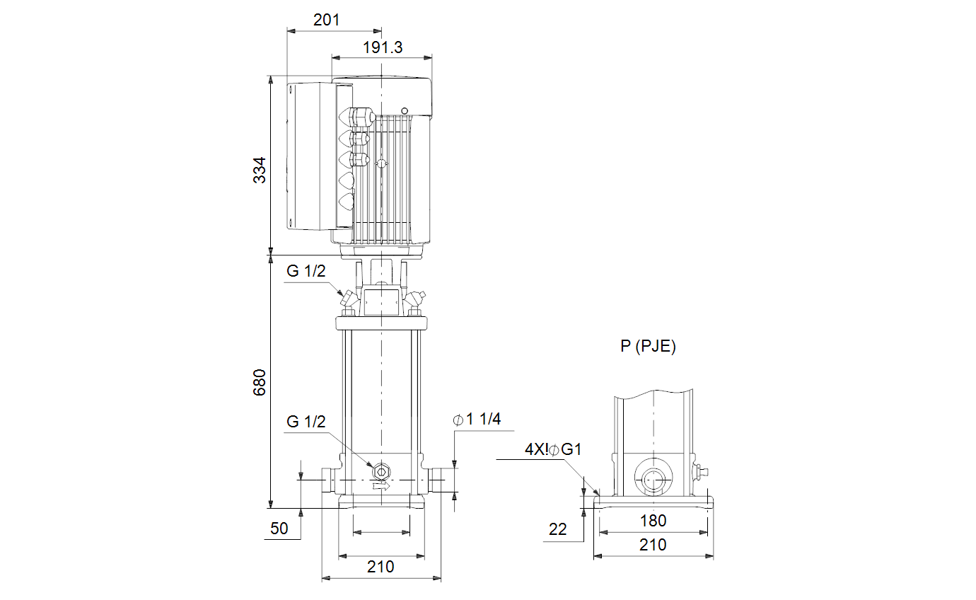 Габаритный чертёж многоступенчатого вертикального насоса Grundfos CRNE1-23 HS-P-GI-V-HQQV 3x430V 50/60Hz 99050540