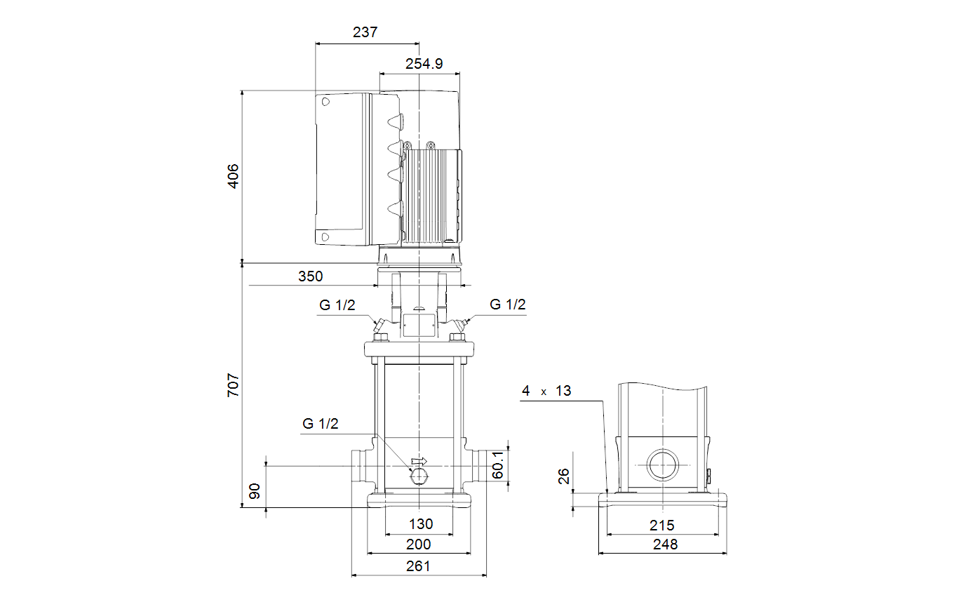 Габаритный чертёж Многоступенчатый вертикальный насос Grundfos CRNE20-6 N-P-A-E-HQQE 3x380-500 60 HZ 99071749