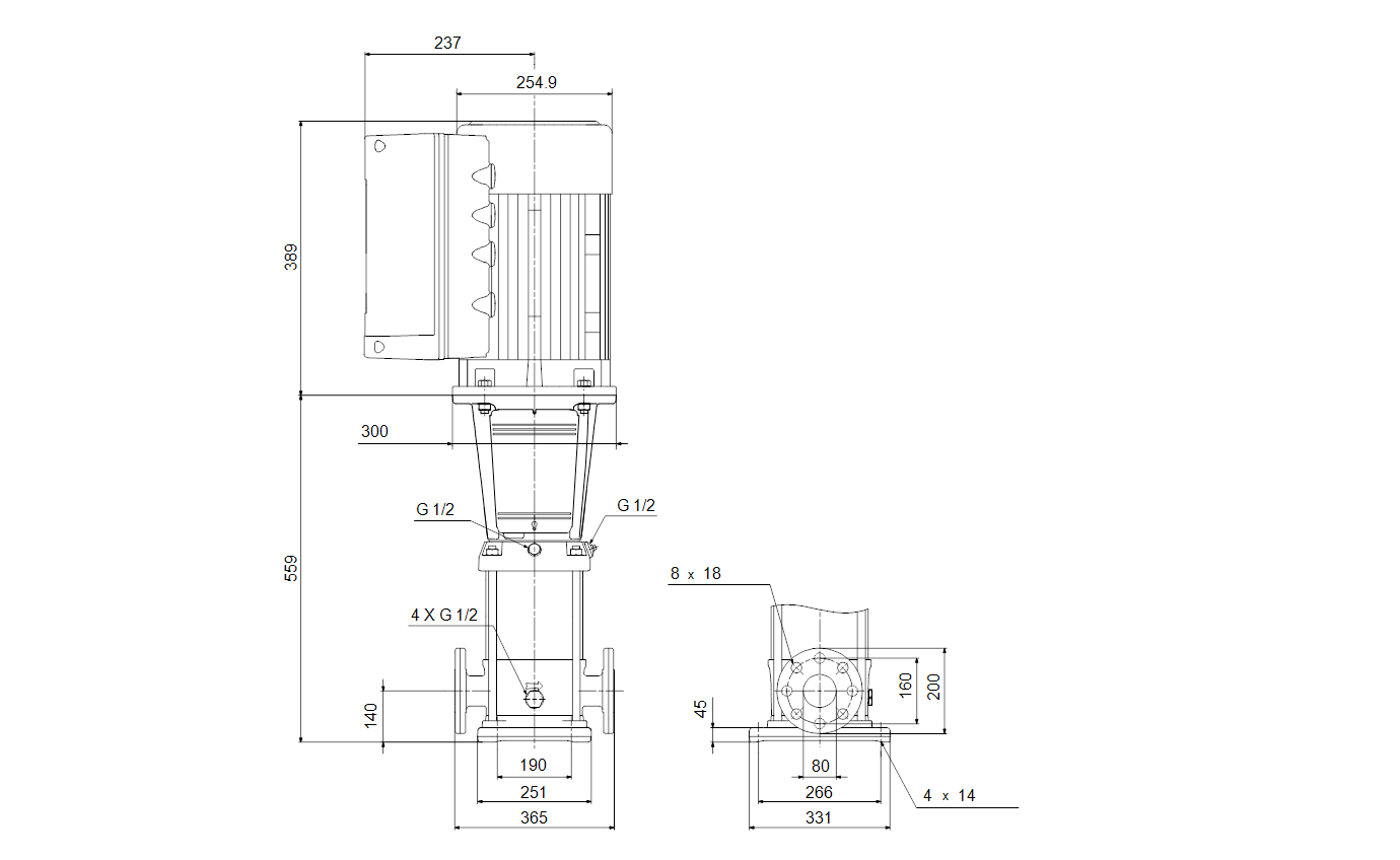 Габаритный чертёж многоступенчатого вертикального насоса Grundfos CRNE45-1 A-F-G-V-HQQV 3x380-500 60 HZ 99072035