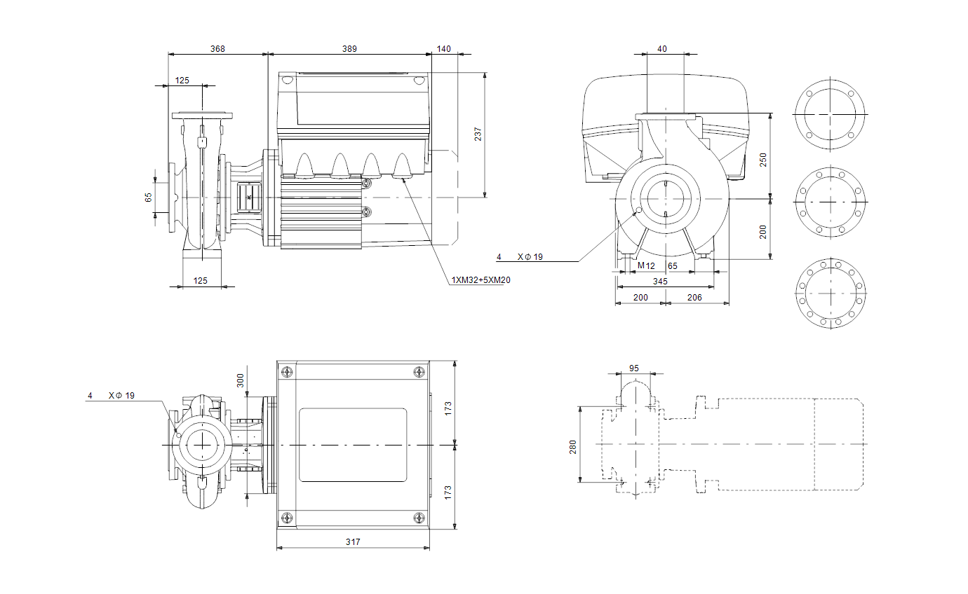 Габаритный чертёж Консольно-моноблочный насос Grundfos NBE 40-315/334AF2ABAQE 99100428