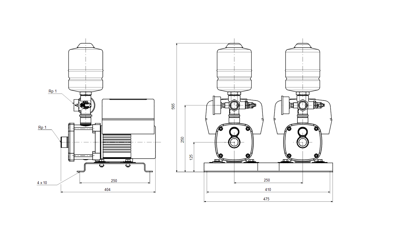 Габаритный чертёж Установка повышения давления Grundfos CMBE TWIN 3-93 1x230 50/60 Hz Schuko 99219421