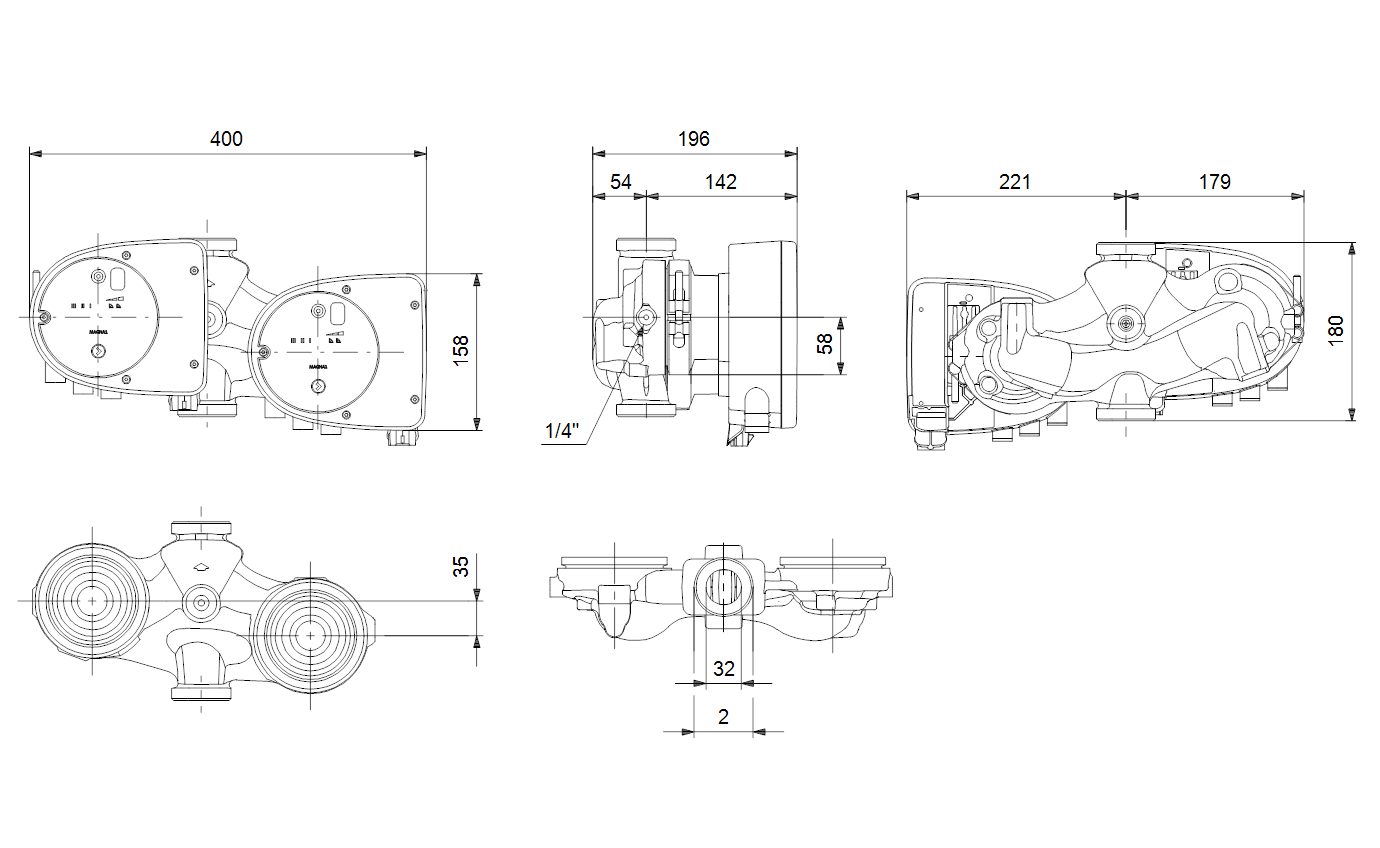 Габаритный чертёж Циркуляционный насос Grundfos MAGNA1 D 32-80 180 1x230V PN10 99221240
