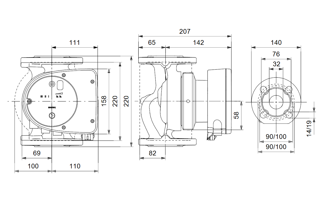 Габаритный чертёж циркуляционного насоса Grundfos MAGNA1 32-80 F 220 1x230V PN6/10 99221275