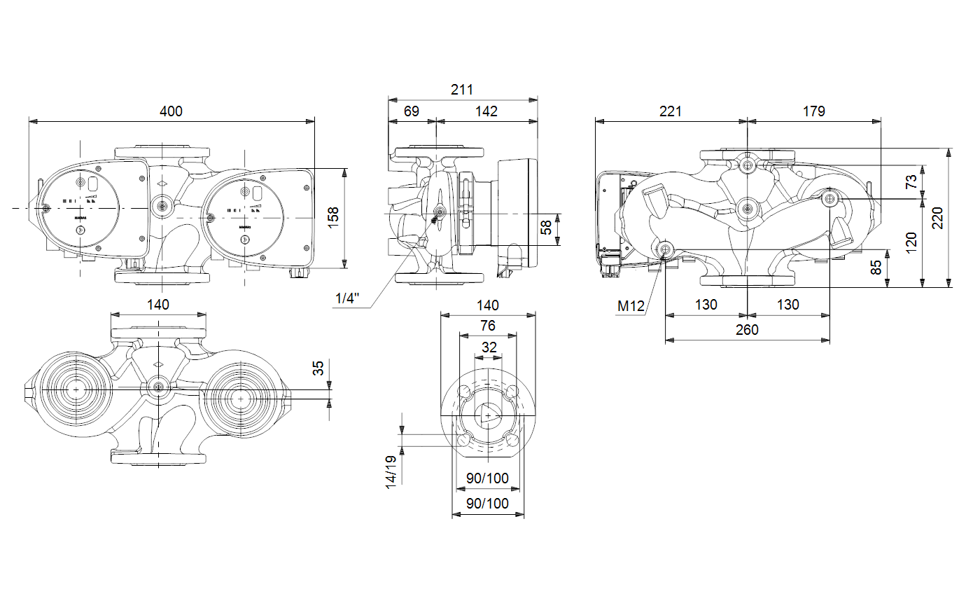 Габаритный чертёж циркуляционного насоса Grundfos MAGNA1 D 32-80 F 220 1x230V PN6/10 99221279