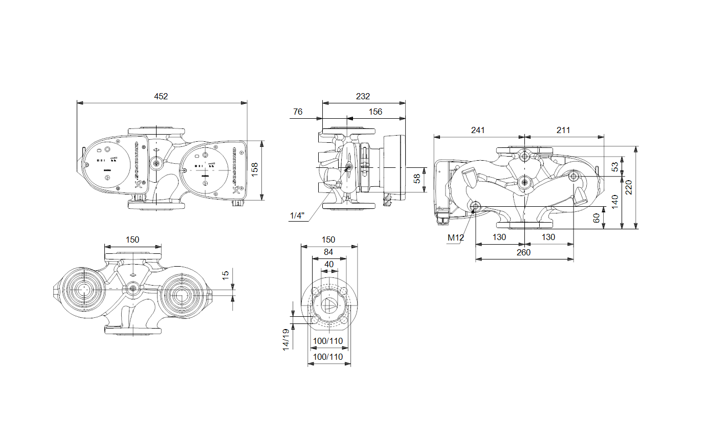 Габаритный чертёж Циркуляционный насос Grundfos MAGNA1 D 40-60 F 220 1x230V PN6/10 99221294