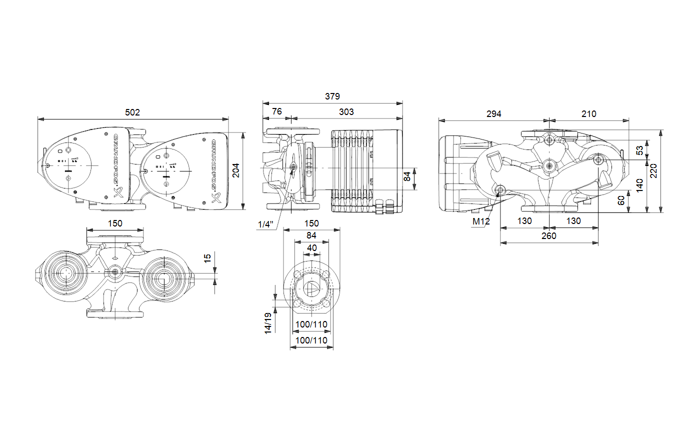 Габаритный чертёж Циркуляционный насос Grundfos MAGNA1 D 40-100 F 220 1x230V PN6/10 99221309
