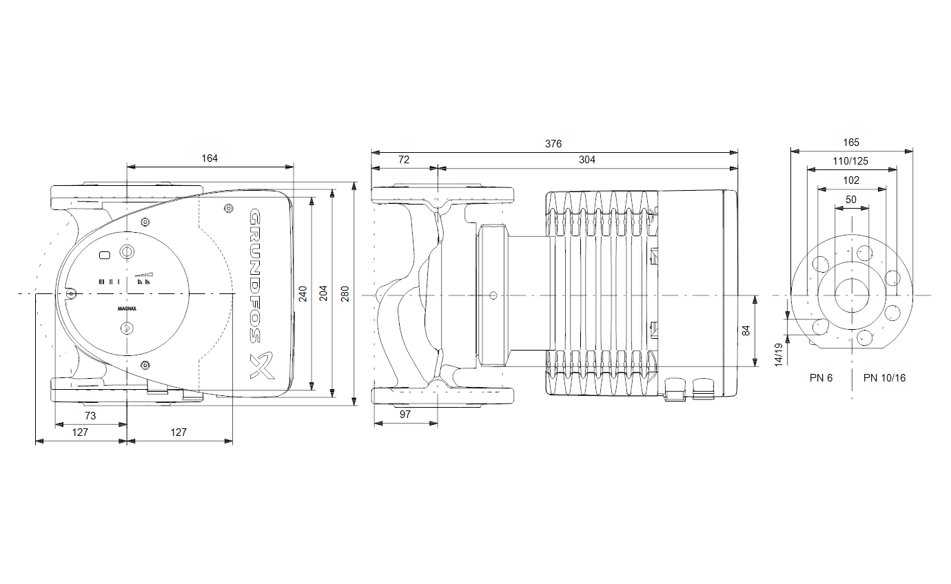 Габаритный чертёж циркуляционного насоса Grundfos MAGNA1 50-180 F N 280 1x230V PN6/10 99221363