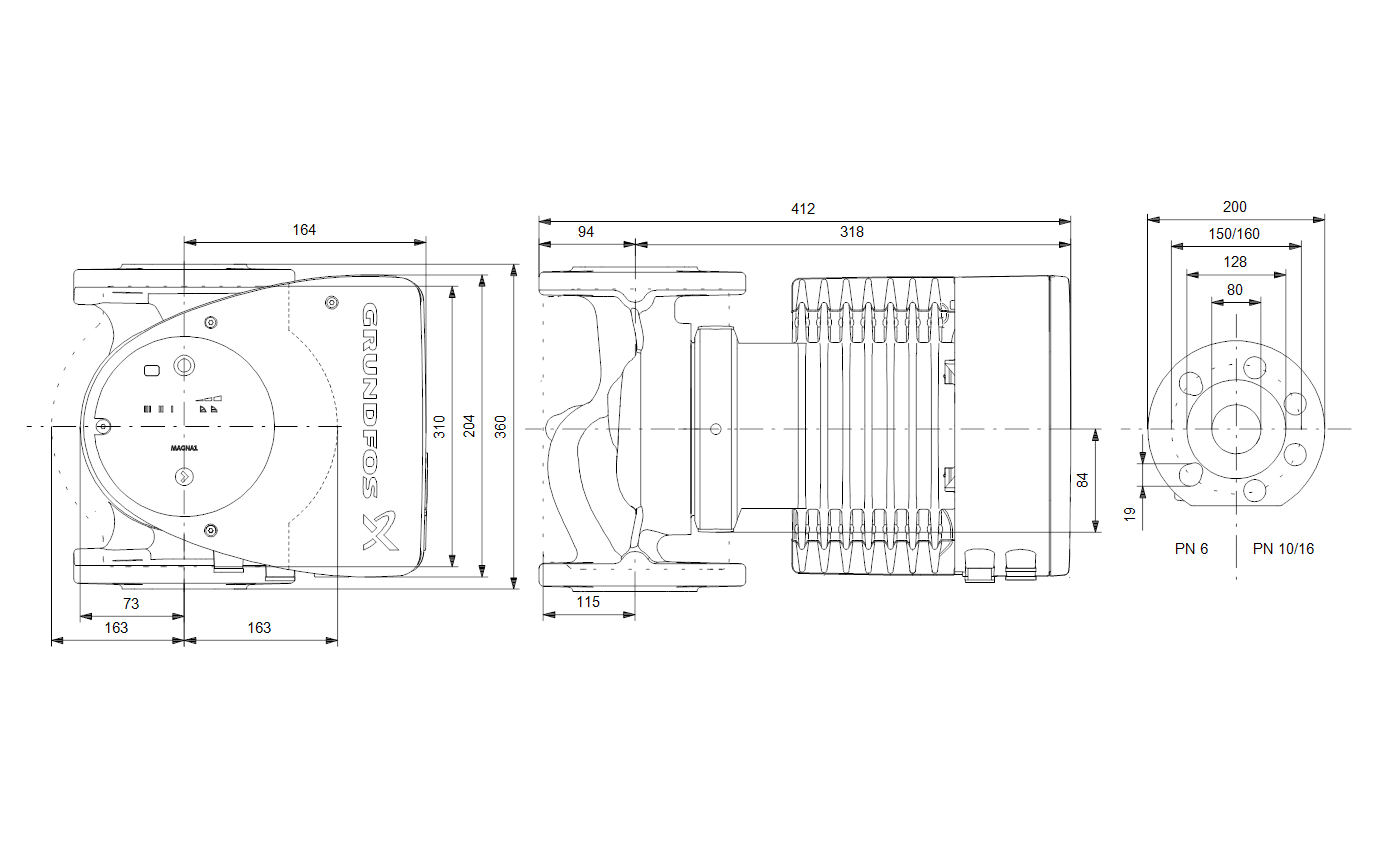 Габаритный чертёж Циркуляционный насос Grundfos MAGNA1 80-80 F 360 1x230V PN10 99221411