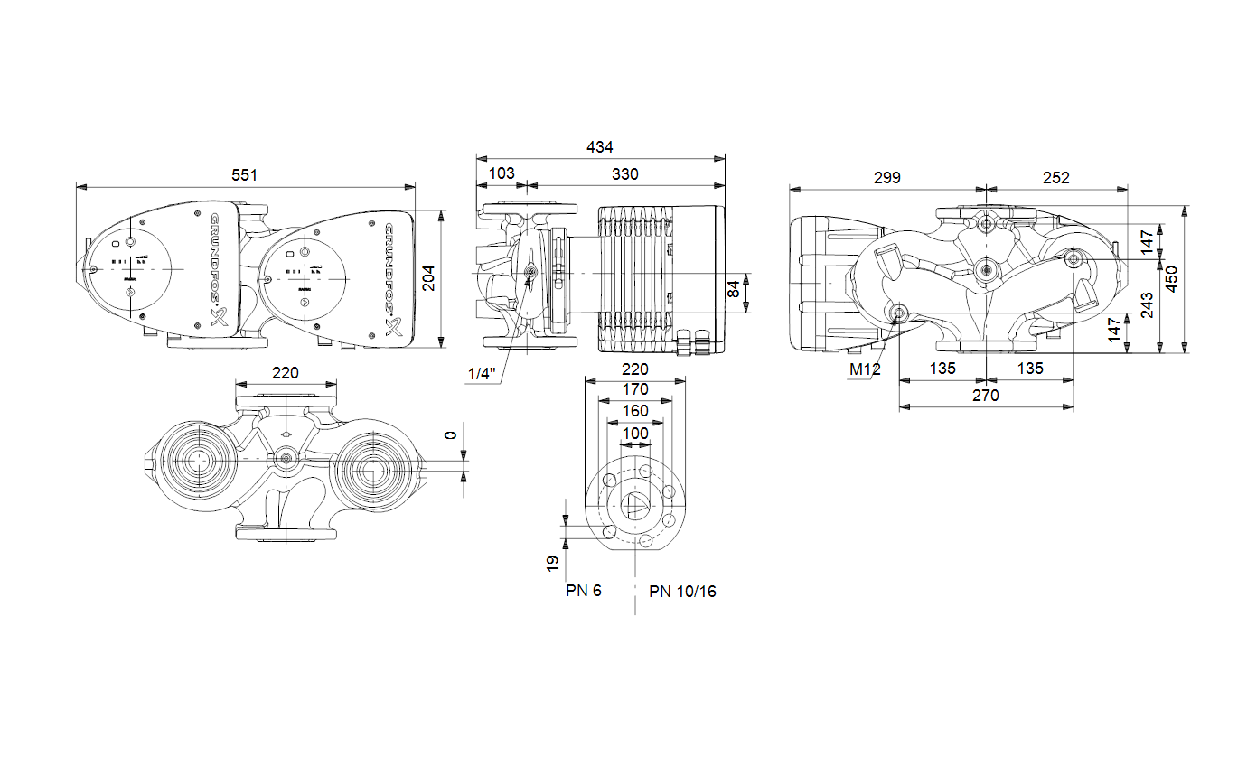 Габаритный чертёж циркуляционного насоса Grundfos MAGNA1 D 100-80 F 450 1x230V PN6 99221450