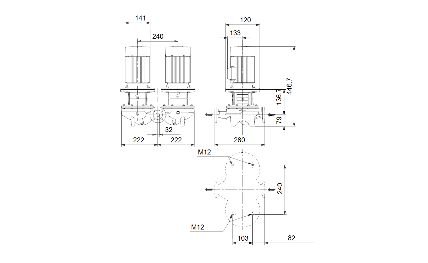 Габаритный чертёж центробежного насоса Grundfos TPD 32-230/2-A-F-A-BQBE 1X230 50HZ 99221994