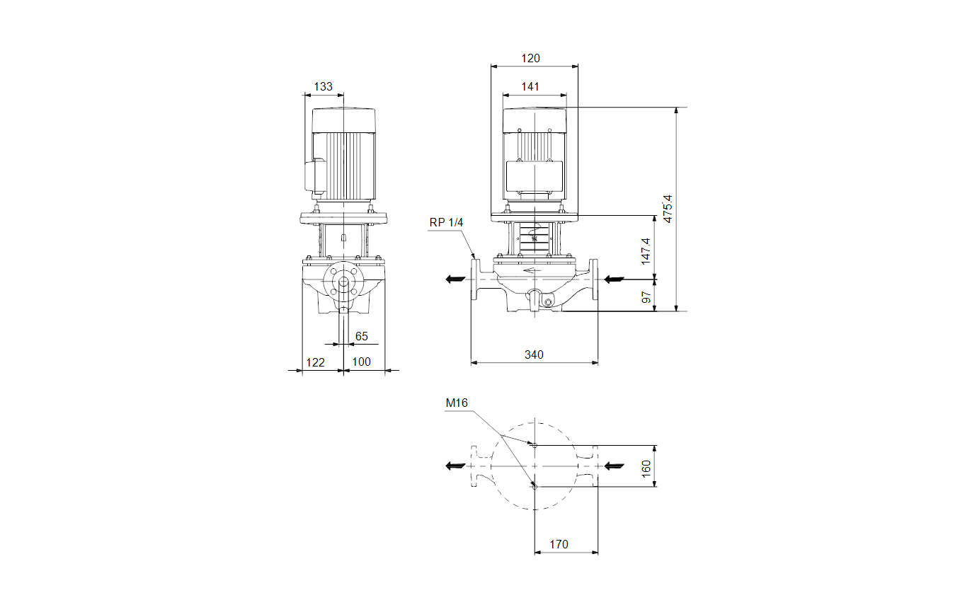 Габаритный чертёж Центробежный насос Grundfos TP 65-60/4 A-F-Z-BQBE-EX3 99222078