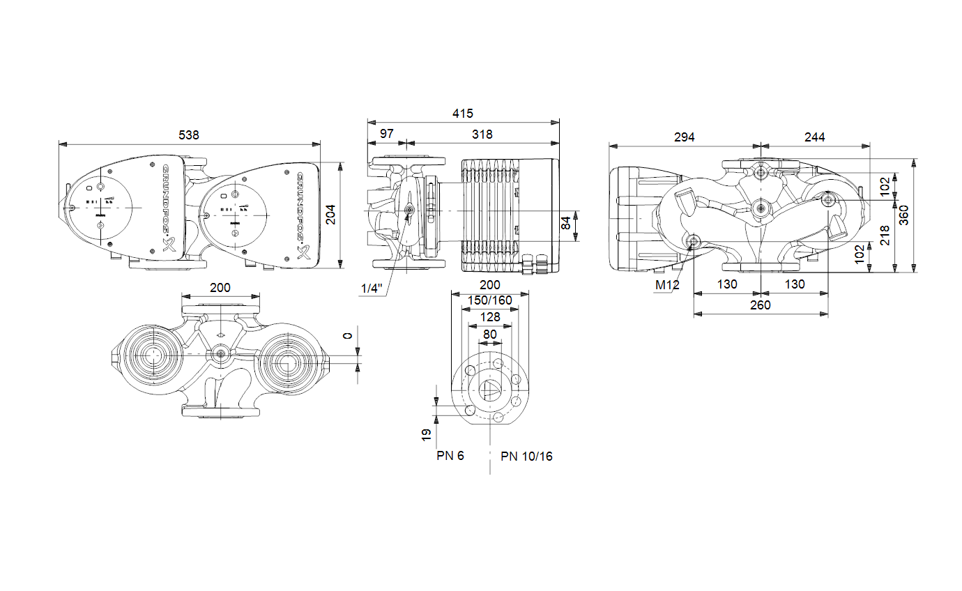 Габаритный чертёж циркуляционного насоса Grundfos MAGNA1 D 80-40 F 360 1x230V PN6 99230392