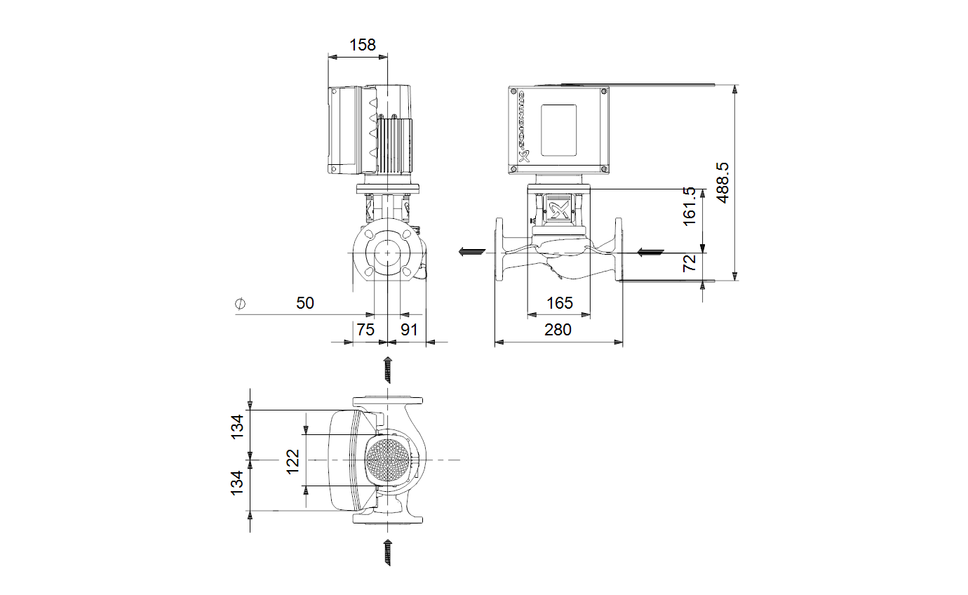 Габаритный чертёж центробежного насоса «ин-лайн» Grundfos TPE3 50-120-S-A-F-A-BQQE 99271845
