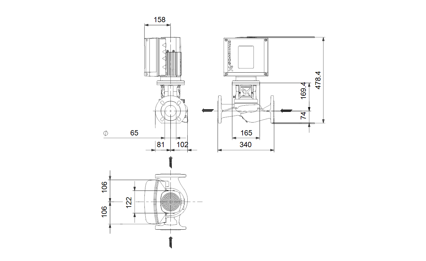 Габаритный чертёж центробежного насоса «ин-лайн» Grundfos TPE3 65-180-S-A-F-A-BQQE 99271854