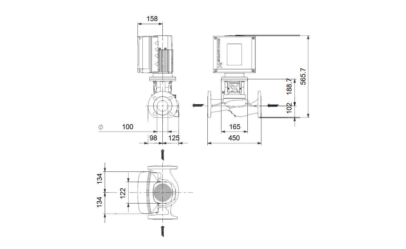 Габаритный чертёж центробежного насоса «ин-лайн» Grundfos TPE3 100-150-S-AI-F-A-BQQE 99272232