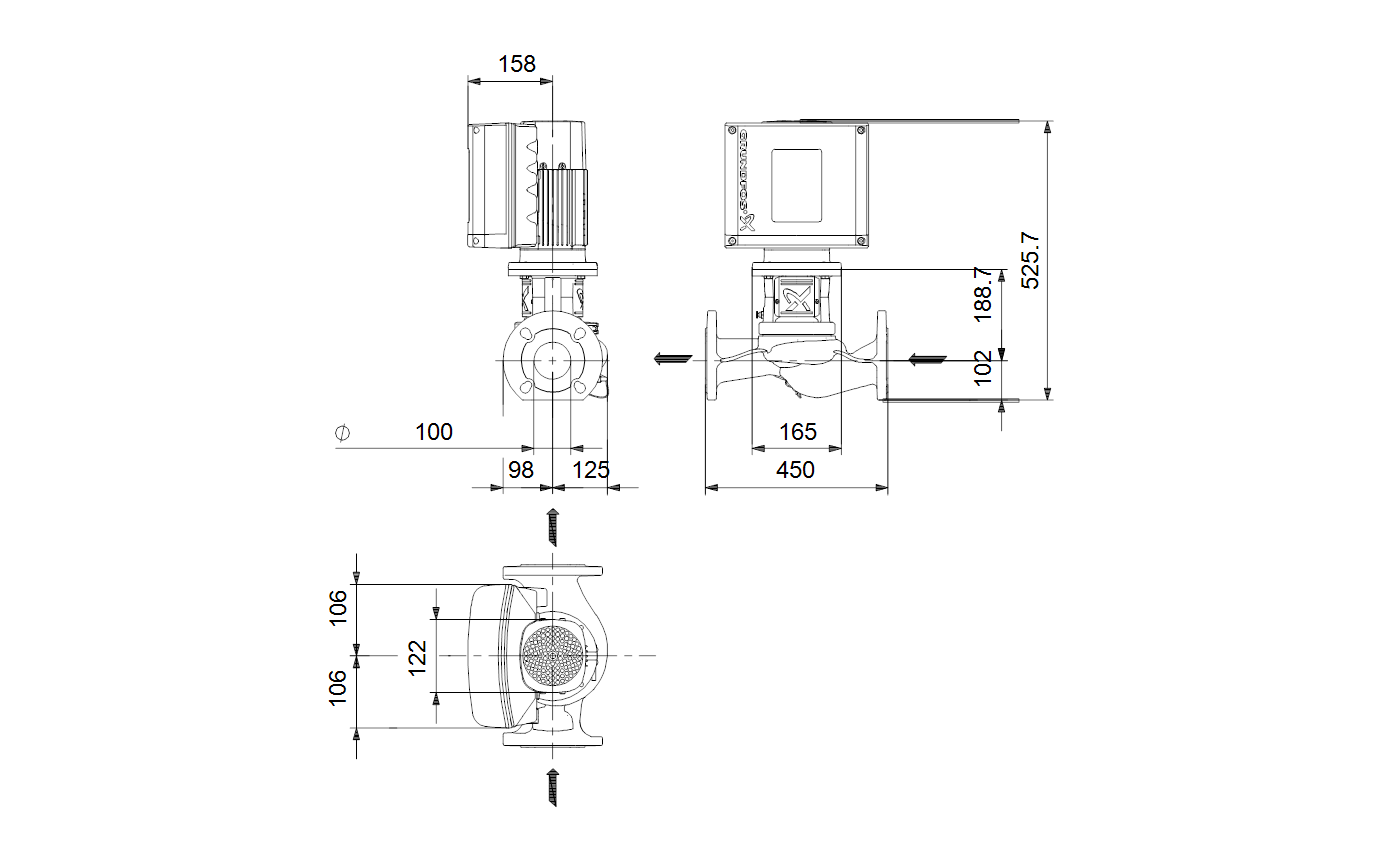 Габаритный чертёж центробежного насоса «ин-лайн» Grundfos TPE3 100-150-S-AI-F-A-BQQE 99272271