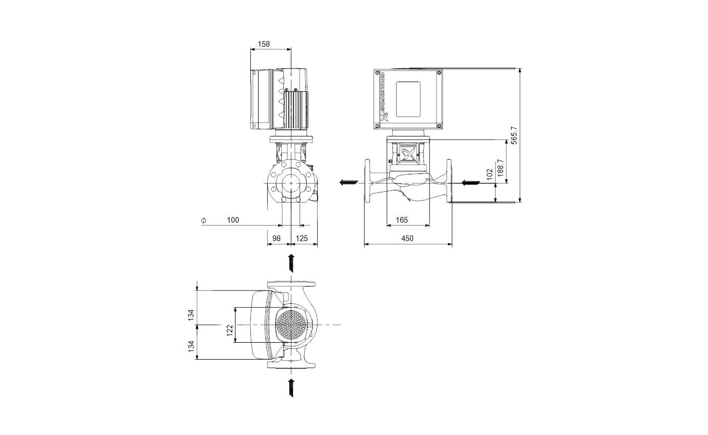 Габаритный чертёж центробежного насоса «ин-лайн» Grundfos TPE3 100-150-S-A-F-A-BQBE 99272388