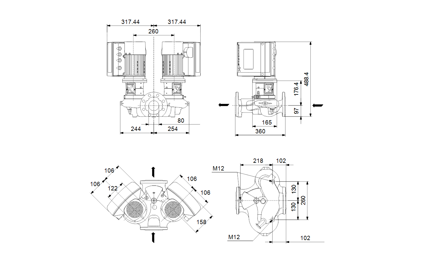 Габаритный чертёж центробежного насоса «ин-лайн» Grundfos TPE3 D 80-40-S-A-F-A-BQBE 99272710