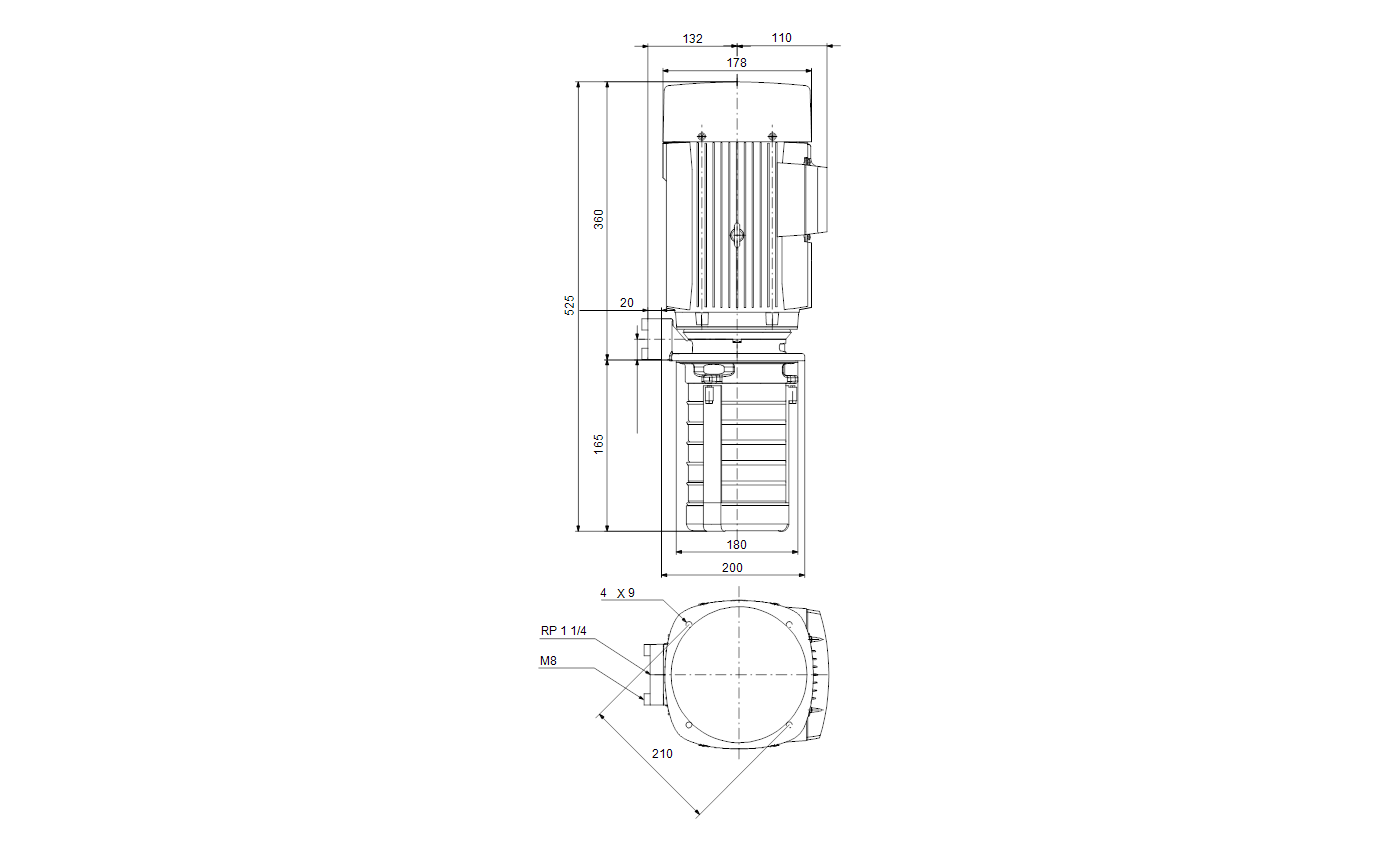 Габаритный чертёж центробежного полупогружного насоса Grundfos MTH10-3/3 A-M-A-AQQV 3x230/400V 50Hz 99311726