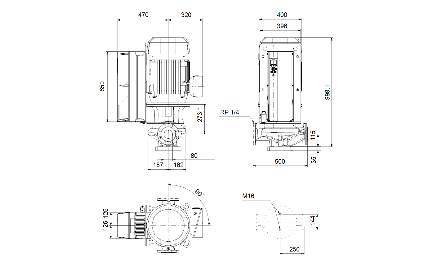 Габаритный чертёж центробежного насоса «ин-лайн» Grundfos TPE 80-700/2-A-F-B-BQQE 400D 50HZ 99474050