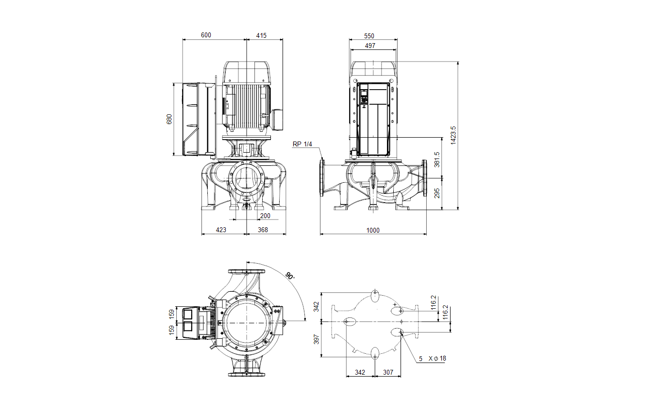 Габаритный чертёж центробежного насоса «ин-лайн» Grundfos TPE 200-400/4-A3-F-Y-DAQF 400D 50HZ 99474134