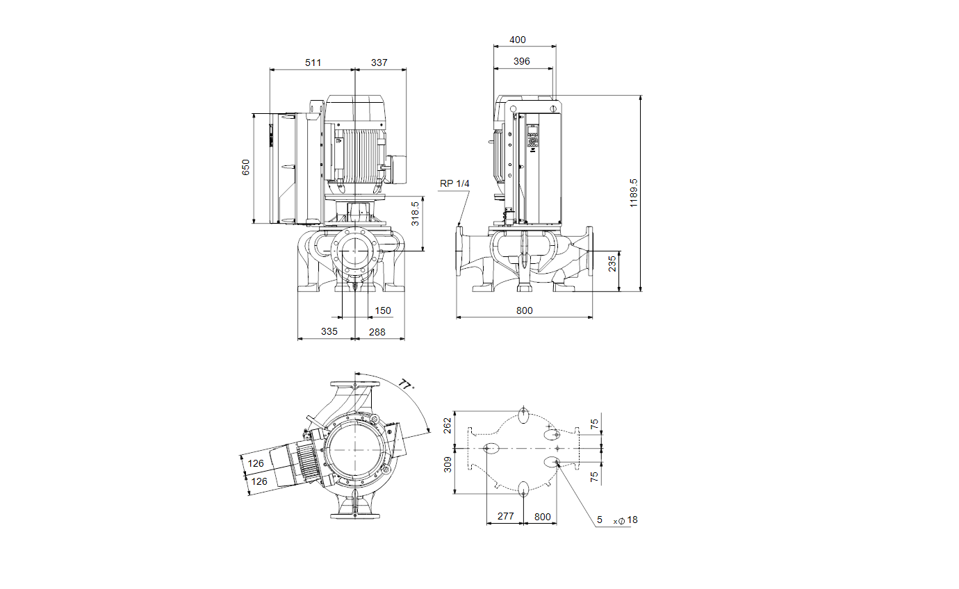 Габаритный чертёж центробежного насоса «ин-лайн» Grundfos TPE 150-340/4-A-F-B-BQQE 400D 50HZ 99474348